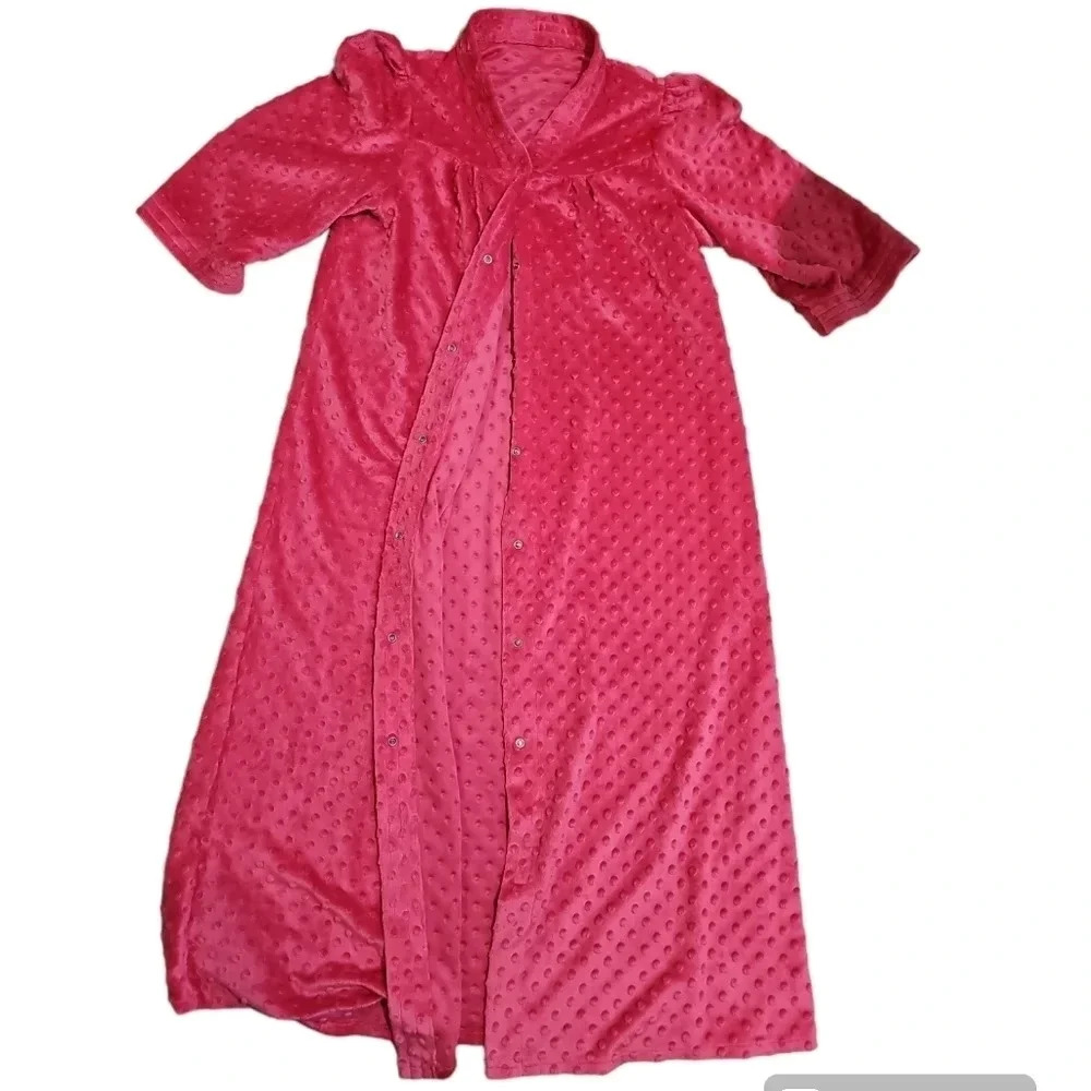 Vintage Womens L Maxi Robe Pink Textured Duster Snap Front Cottagecore Cozy - Picture 5 of 7